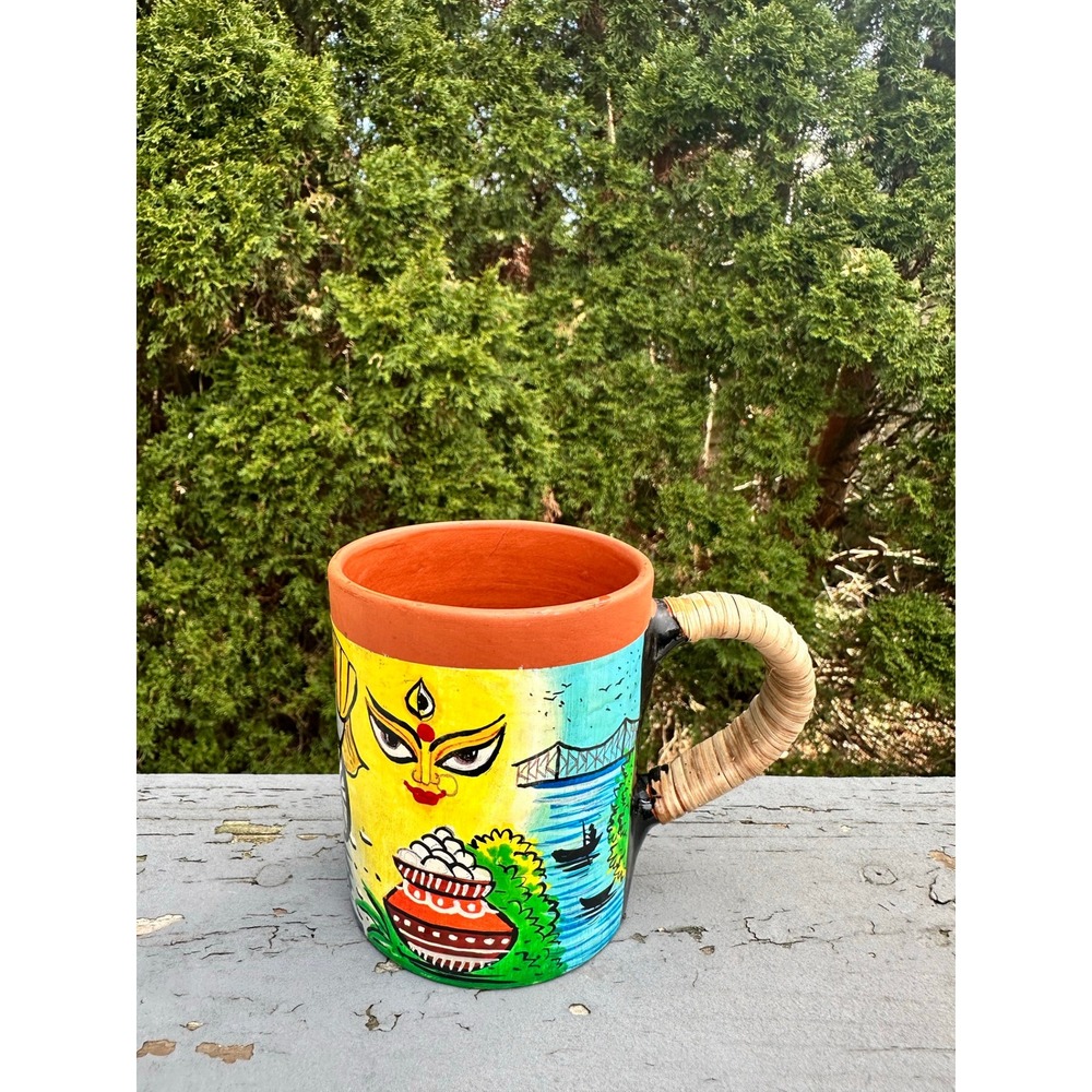 Hand Painted Terracotta‎ Mug Kolkata Folk Art Durga Howrah Bridge Tram Bengali